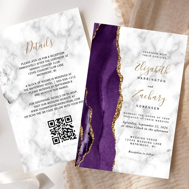 Papier Invitation de mariage avec code QR en marbre d'aga (Créateur téléchargé)