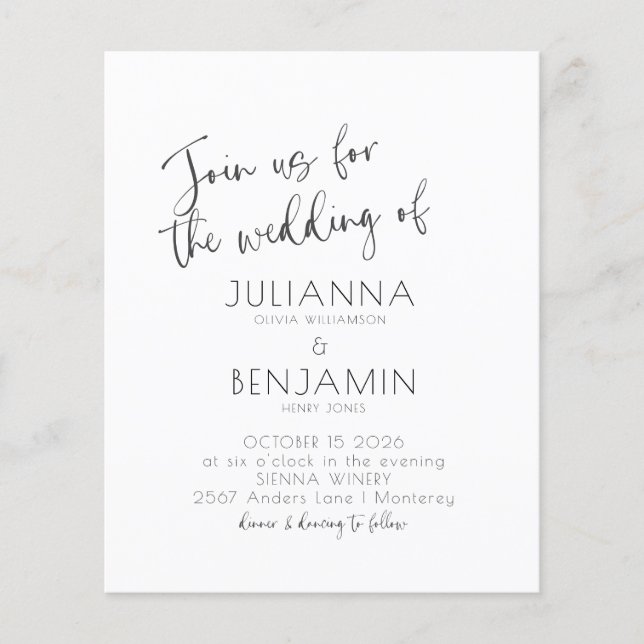 Papier Invitation de mariage blanc noir à script minimal  (Devant)
