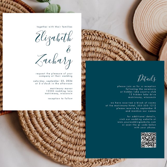 Papier Invitation de mariage de code QR Script bleu Turqu (Créateur téléchargé)