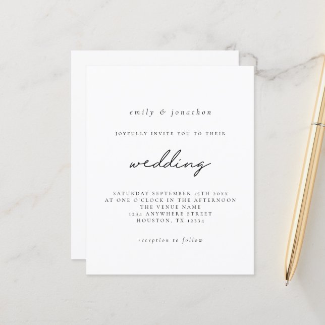 Papier Invitation de mariage de script noir simple Budget (Devant/Arrière en situation)