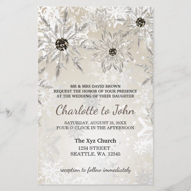 Papier Invitation de mariage d'hiver aux flocons d'or Bud (Devant)