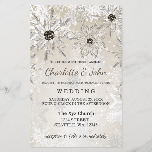 Papier Invitation de mariage d'hiver aux flocons d'or Bud (Devant)