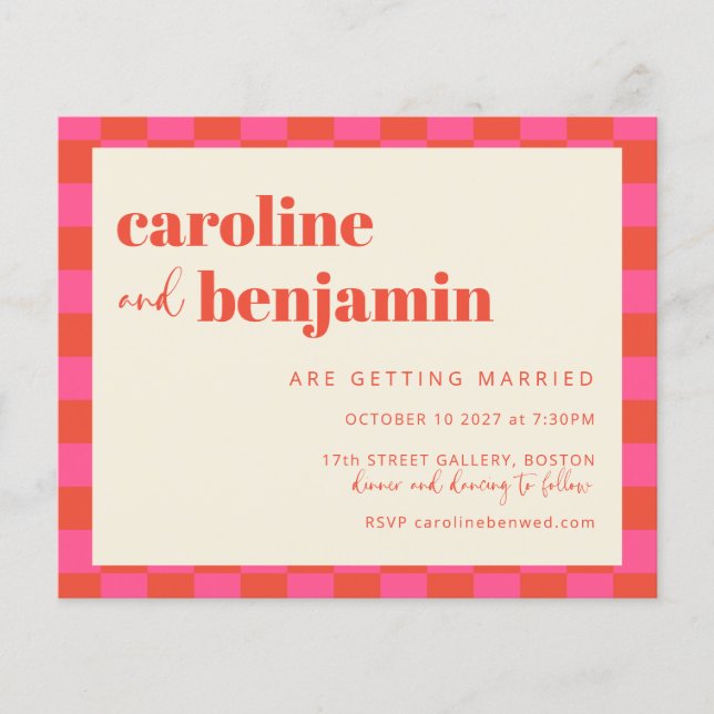 Papier Invitation de mariage en tableau de bord rose budg (Devant)