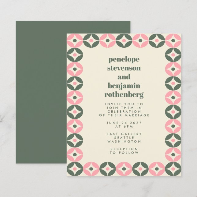 Papier Invitation de mariage géométrique rose vert moyen  (Devant / Derrière)
