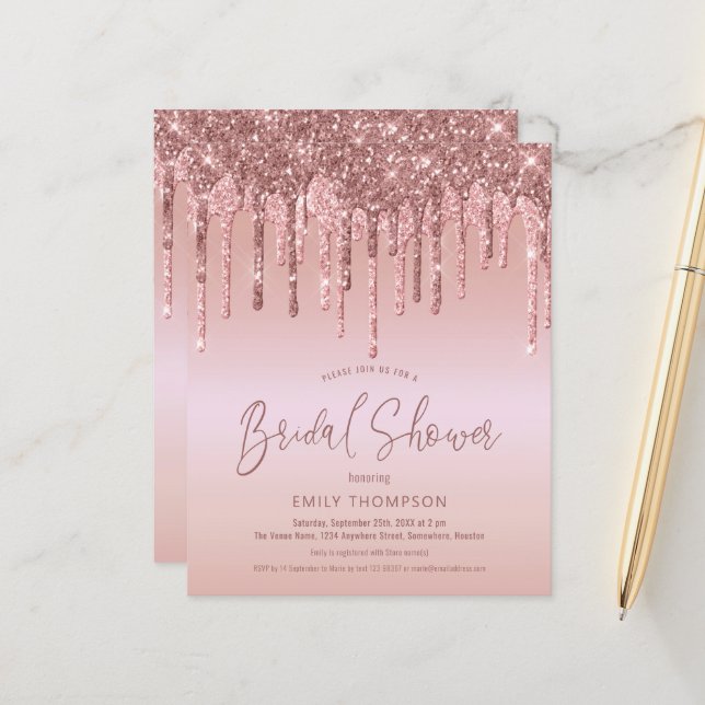 Papier Invitation de mariage pailleté rose or bon marché (Devant/Arrière en situation)