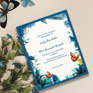 Papier Invitation de mariage papillon botanique bleu