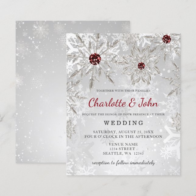 Papier Invitation de mariage pas chère flocons de neige r (Devant / Derrière)