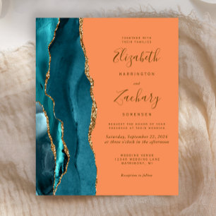 Papier Invitation de mariage pas chère Teal Gold Tangerin
