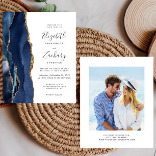 Papier Invitation de mariage photo agate or bleu marine à