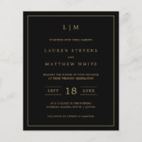 Invitation de mariage simple noir et or à petit bu