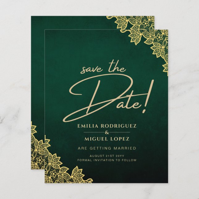 Papier Invitation de mariage tout-en-un Vert Émeraude ave (Devant / Derrière)