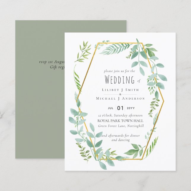 Papier Invitation de mariage vert budget (Devant / Derrière)