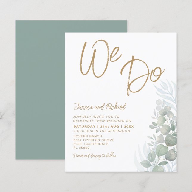 Papier Invitation de mariage verte eucalyptus bohème à pe (Devant / Derrière)