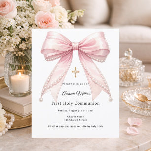 Papier Invitation de première communion fille avec ruban 