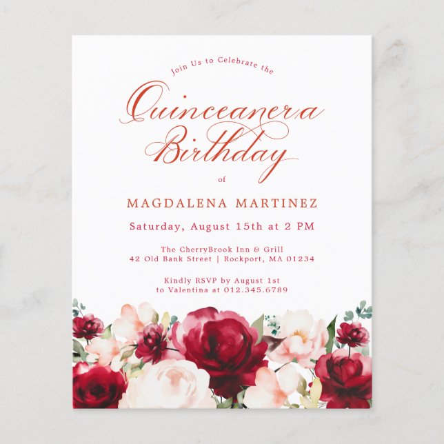 Papier Invitation de Quinceanera florale rose bon marché (Devant)