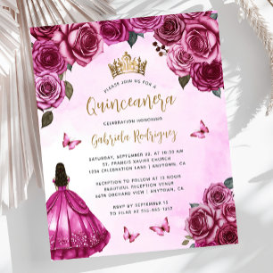Papier Invitation de Quinceañera Florale Rose Fuchsia Dor