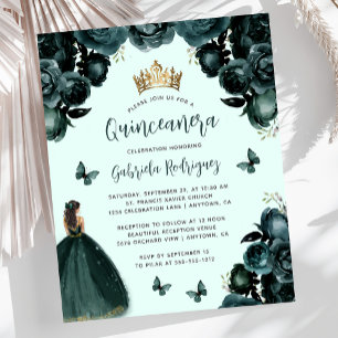 Papier Invitation de Quinceañera florale verte émeraude b