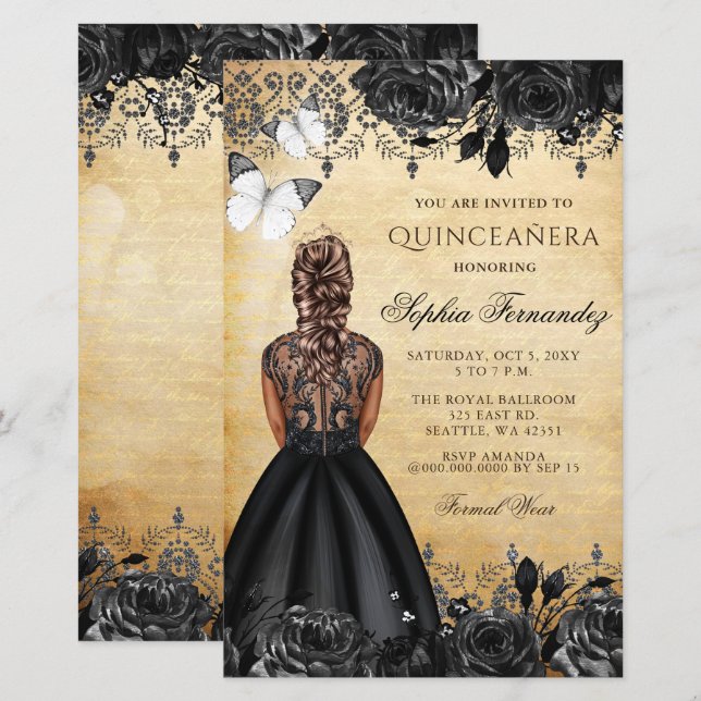 Papier Invitation de Quinceañera Princesse Noire à petit  (Devant / Derrière)