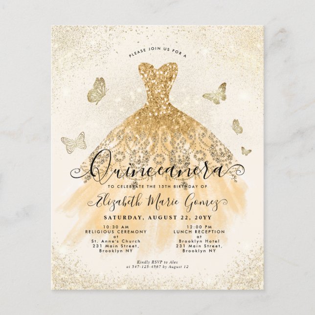 Papier Invitation de Quinceanera Robe de Luxe Classique e (Devant)