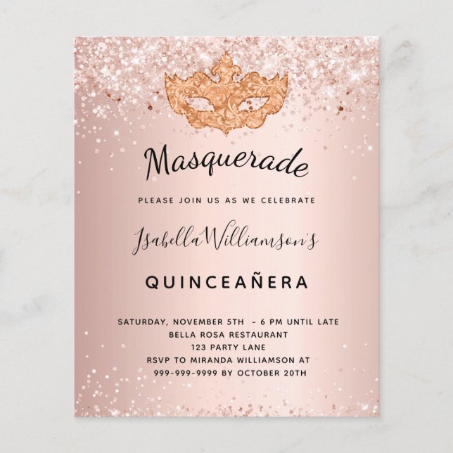 Papier Invitation de Quinceanera rose gold Masquerade (Devant)