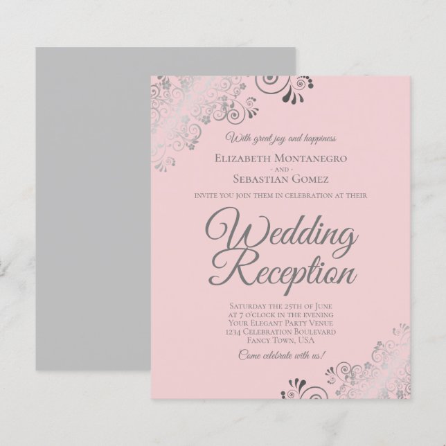 Papier Invitation de réception de mariage rose et gris (Devant / Derrière)