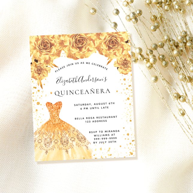 Papier Invitation de robe dorée Quinceanera florale à pet (Créateur téléchargé)