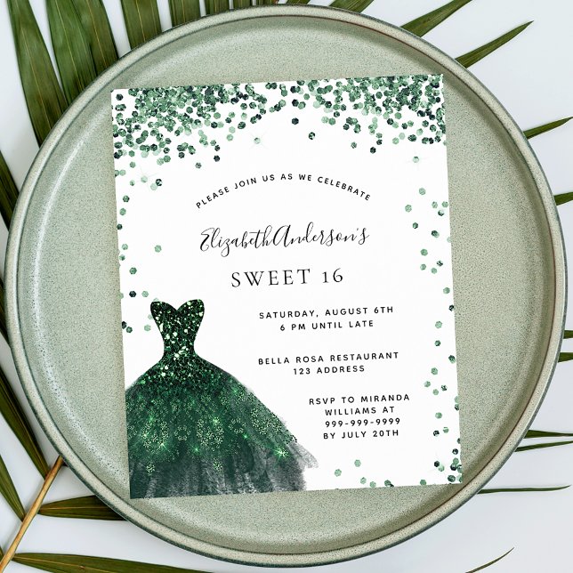 Papier Invitation de robe verte émeraude pour un Sweet 16 (Créateur téléchargé)