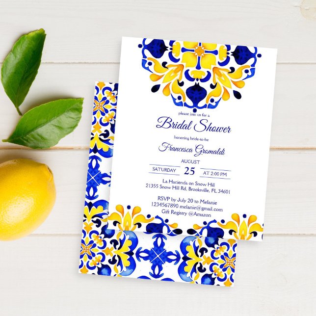 Papier Invitation de Talavera azulejo carreaux bleus pour (Talavera azulejo Maiolica blue tiles Mediterranean Mexican bridal shower affordable budget invite )