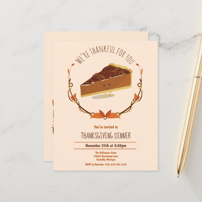 Papier Invitation de Thanksgiving à budget pour tarte aux (Devant/Arrière en situation)