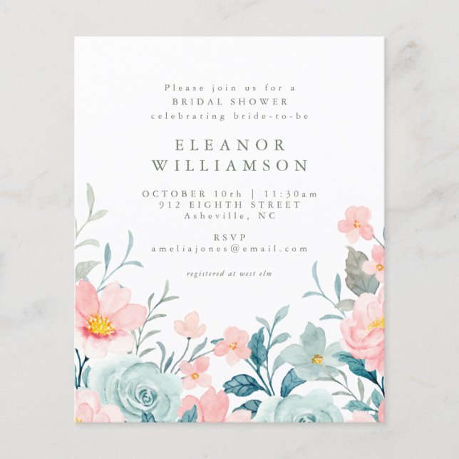 Papier Invitation d'Fête des mariées florale Turquoise bu (Devant)