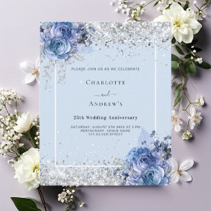 Papier Invitation du 25e anniversaire Blue florals argent