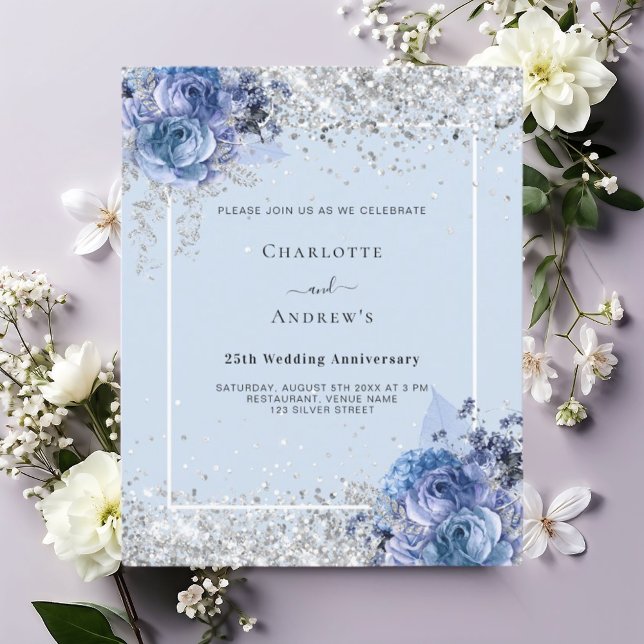 Papier Invitation du 25e anniversaire Blue florals argent (Créateur téléchargé)