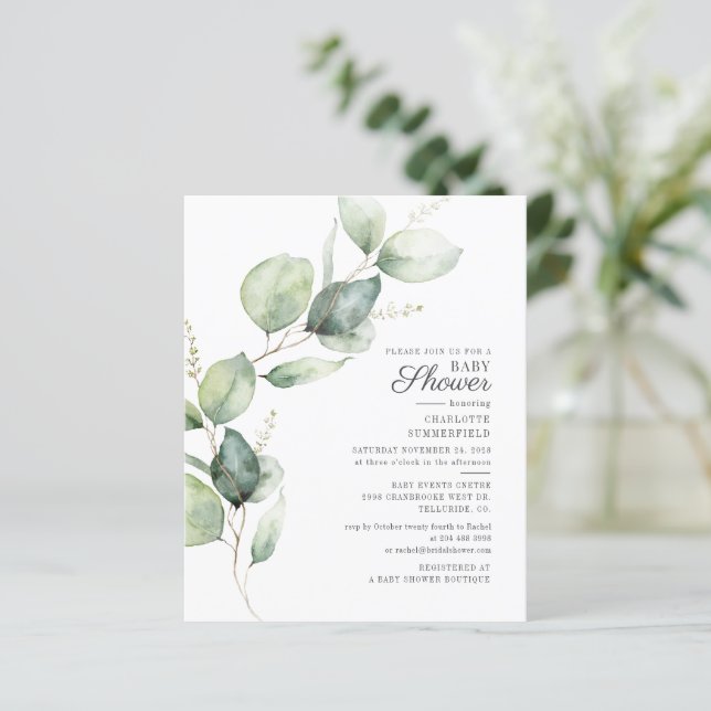 Papier Invitation du Baby shower botanique Eucalyptus Bud (Debout devant)