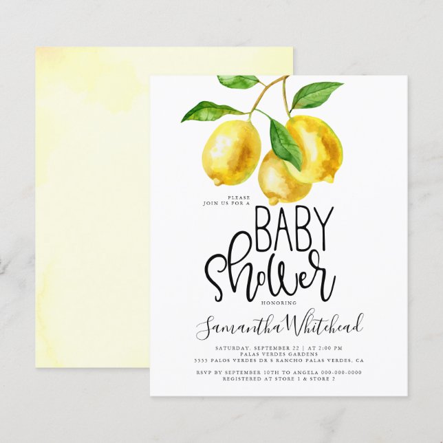 Papier Invitation du Baby shower d'aquarelle de citron bu (Devant / Derrière)