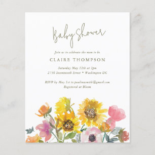Papier Invitation du Baby shower d'aquarelle du tournesol