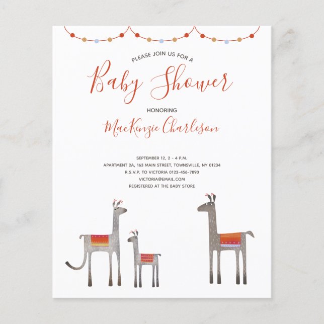Papier Invitation du Baby shower de Llama Budget (Devant)