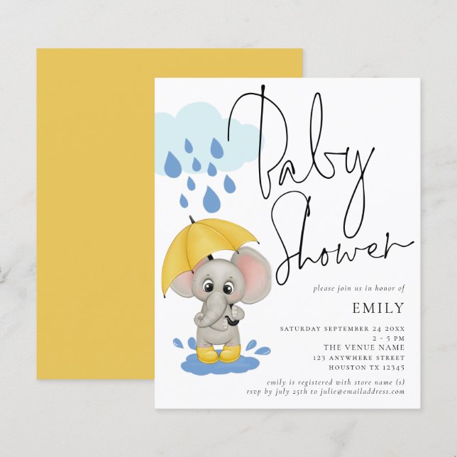 Papier Invitation du Baby shower de pluie d'éléphants bud (Devant / Derrière)