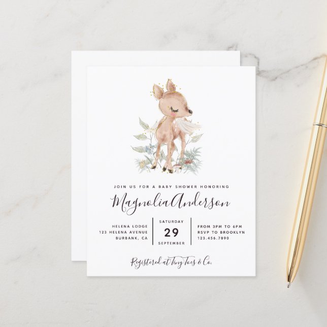 Papier Invitation du Baby shower des cerfs de bois du bud (Devant/Arrière en situation)