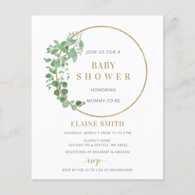 Papier Invitation du Baby shower d'or Budget Greenery (Devant)