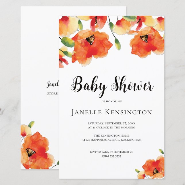 Papier Invitation du Baby shower du pavot d'or BUDGET (Devant / Derrière)