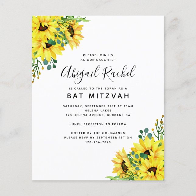 Papier Invitation du Bat mitzvah du budget du tournesol d (Devant)
