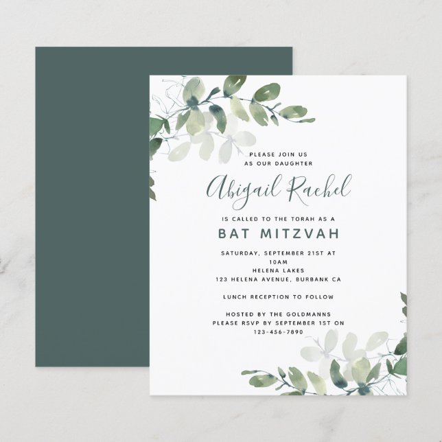 Papier Invitation du Bat mitzvah du budget Eucalyptus (Devant / Derrière)
