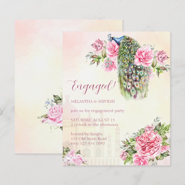 Papier Invitation du budget fiançailles rose Peacock (Devant / Derrière)