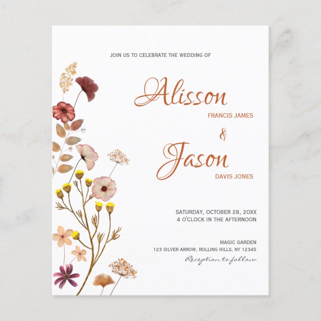 Papier Invitation du Mariage de automne du Fleur sauvage  (Devant)