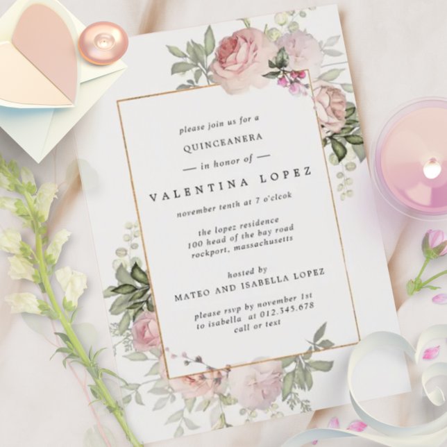 Papier Invitation du parti Quinceanera Floral Rose Budget (Créateur téléchargé)