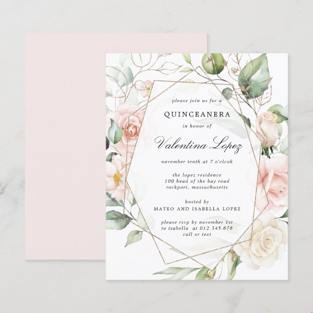 Papier Invitation du parti Quinceanera Floral Rose Budget (Devant / Derrière)