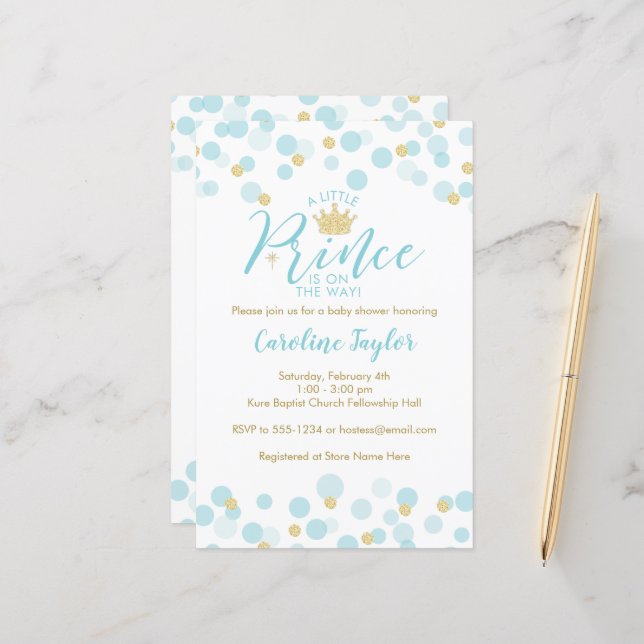Papier Invitation d'un petit Baby shower d'or bleu Prince (Devant/Arrière en situation)