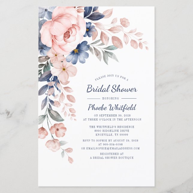 Papier Invitation Élégante Rose Floral Douche nuptiale (Devant)