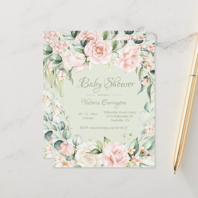 Papier Invitation Élégante sur le Baby shower floral du b (Devant/Arrière en situation)