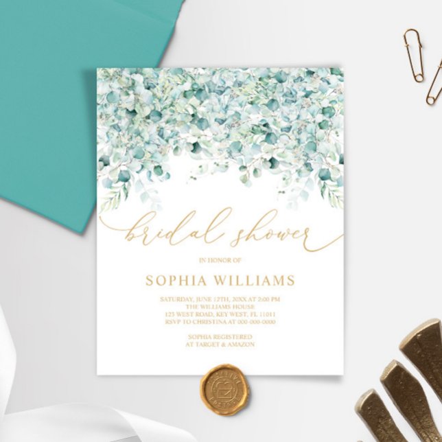 Papier Invitation Eucalyptus & Gold Bridal Shower (Créateur téléchargé)